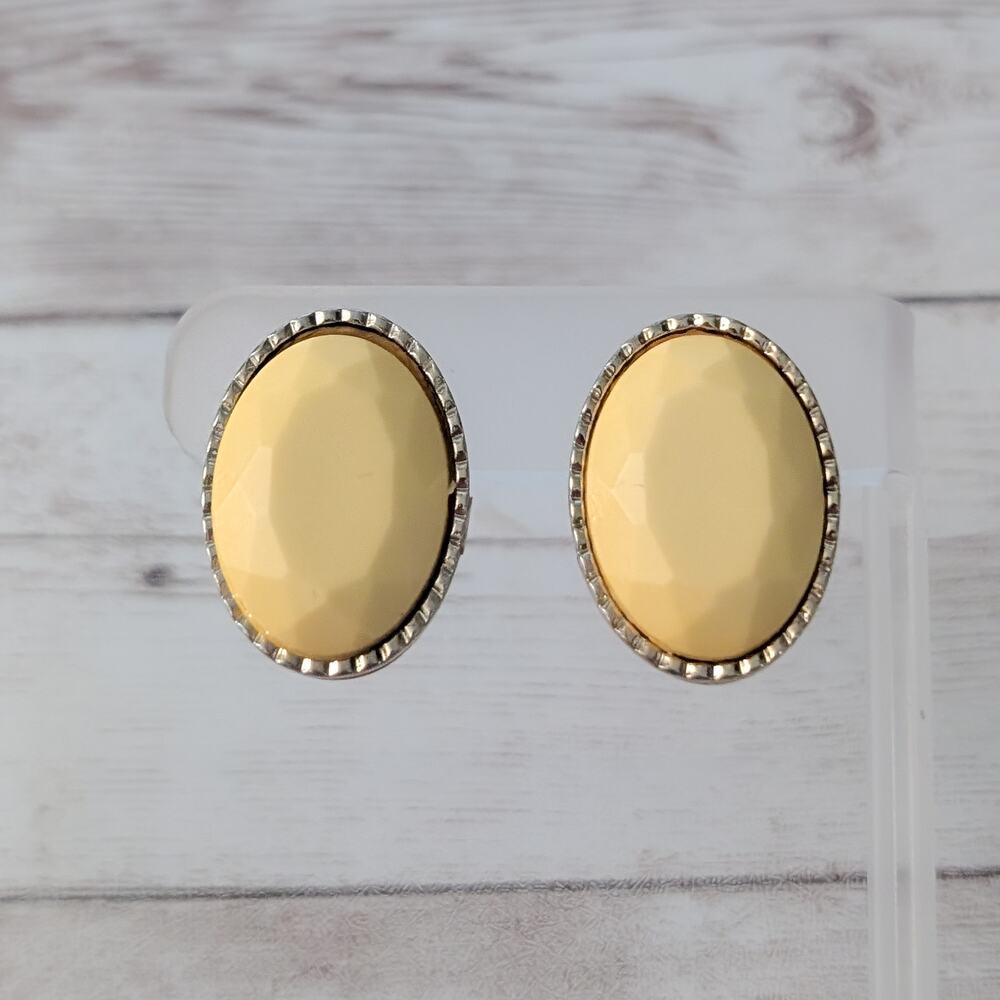Vintage Clip On Earrings 1 & 1/8" Faceted Butter Yellow Oval Large Statement